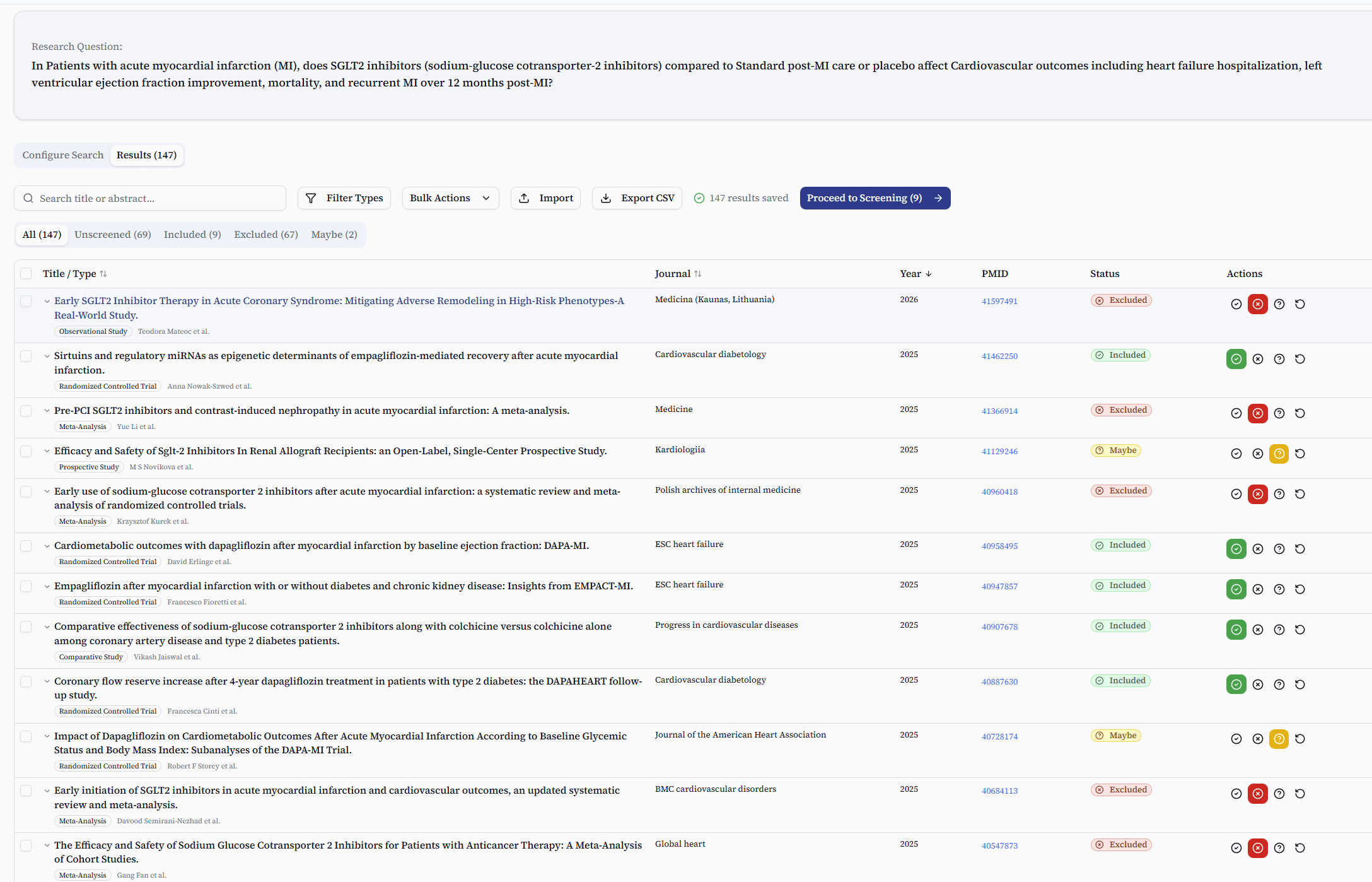 MedQueri.ai platform showing literature search and screening interface